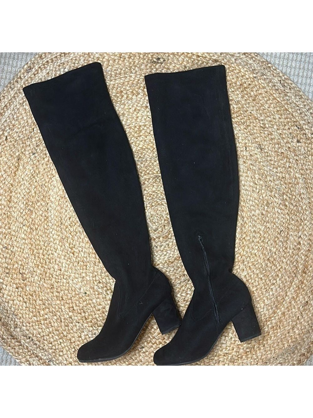 Mint Over The Knee Suede Block Heel Round Toe Stretch Fabric Shaft Black Boots